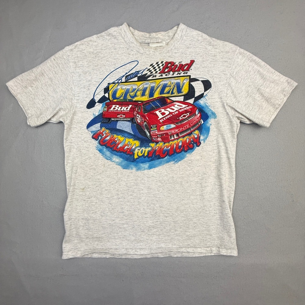 Ricky Craven Budweiser NASCAR T-Shirt Mens Large Gray Racing USA Vintage 1998